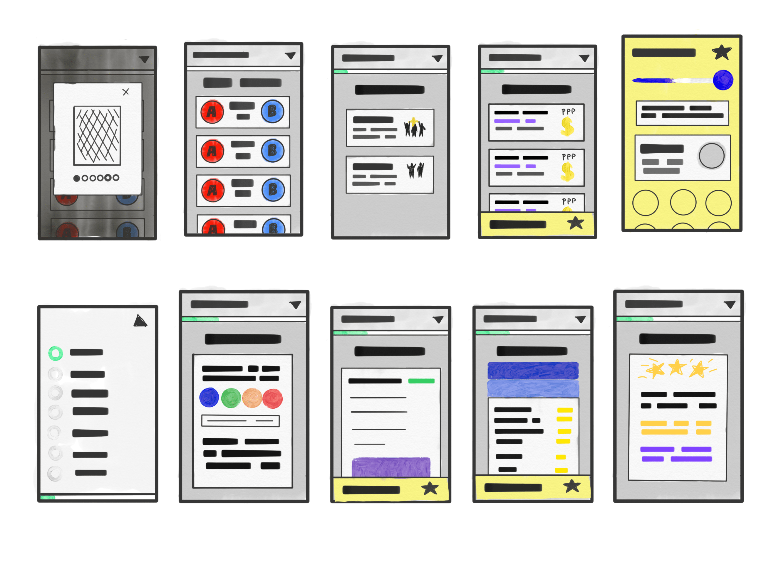 Crude draft mockups of key flow