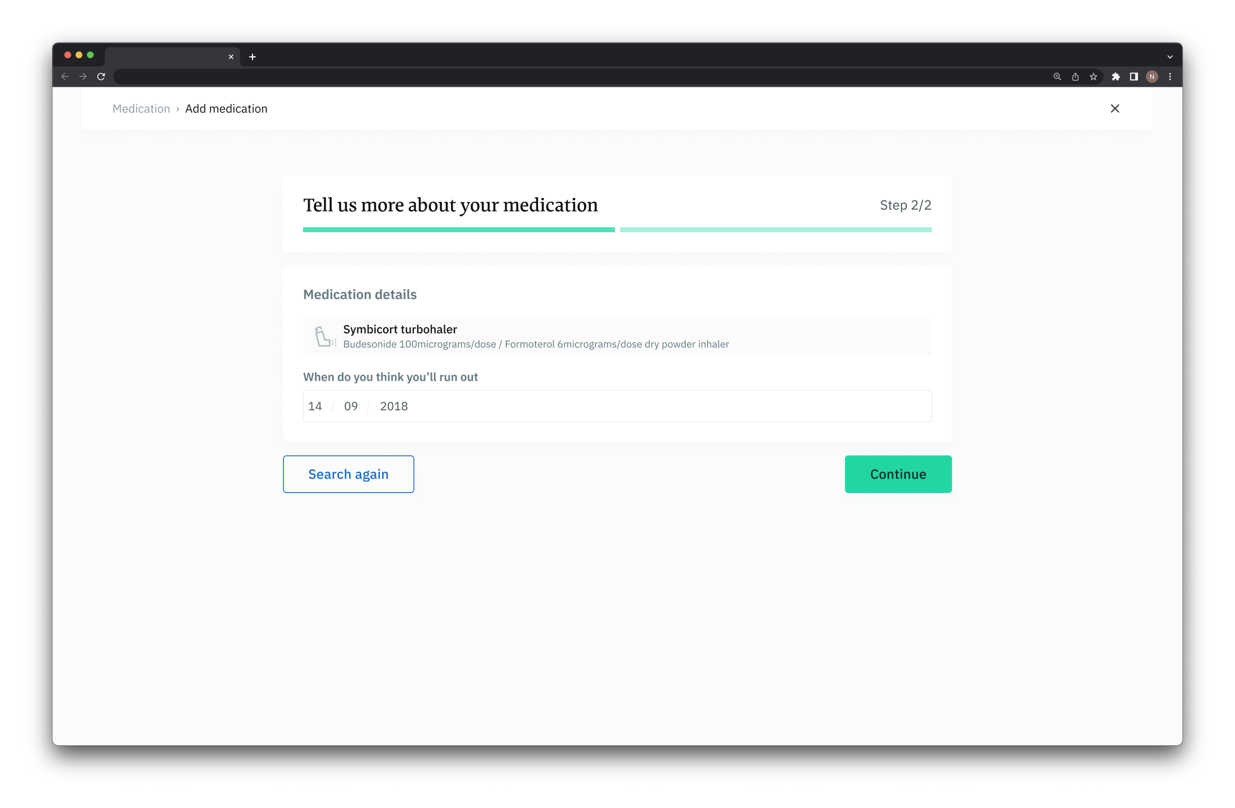 Final desktop design - Add medication flow step 1