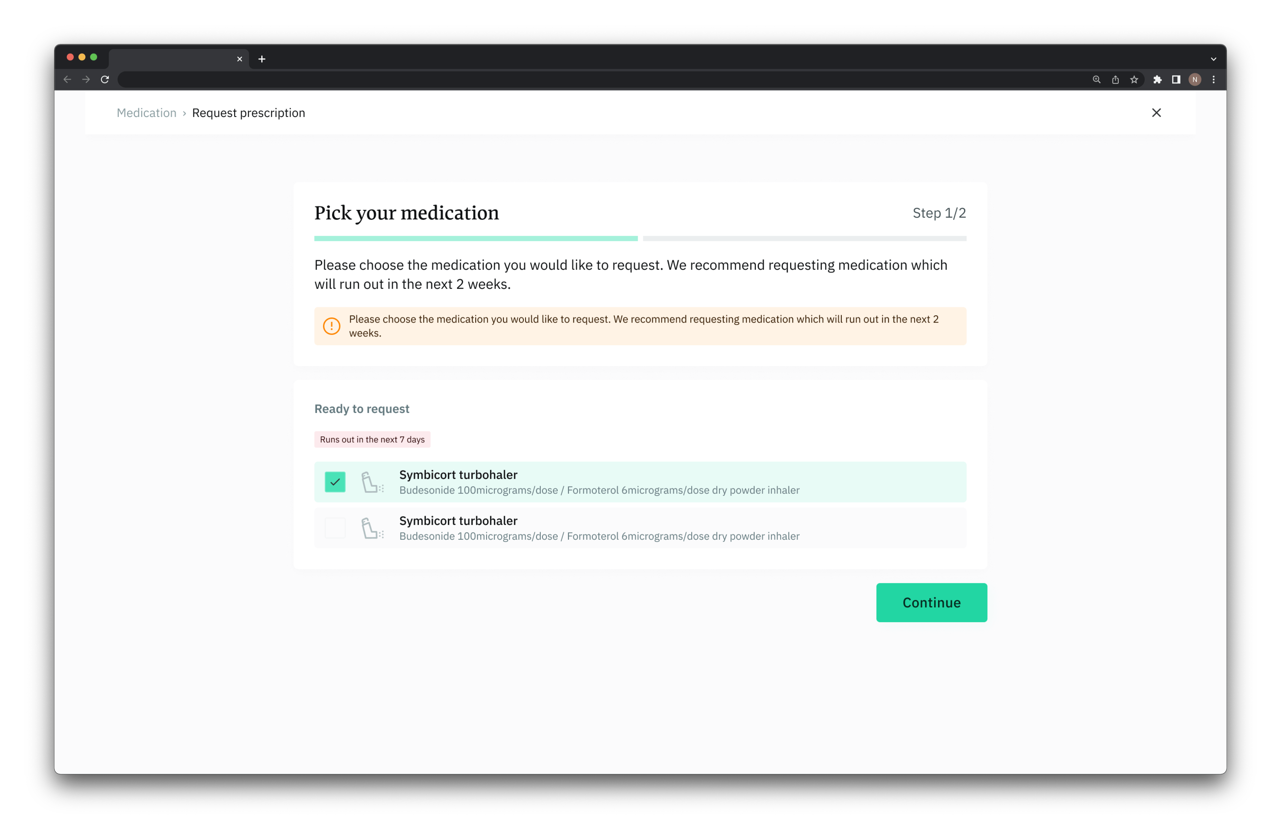 Final desktop design - Request prescription flow step 1