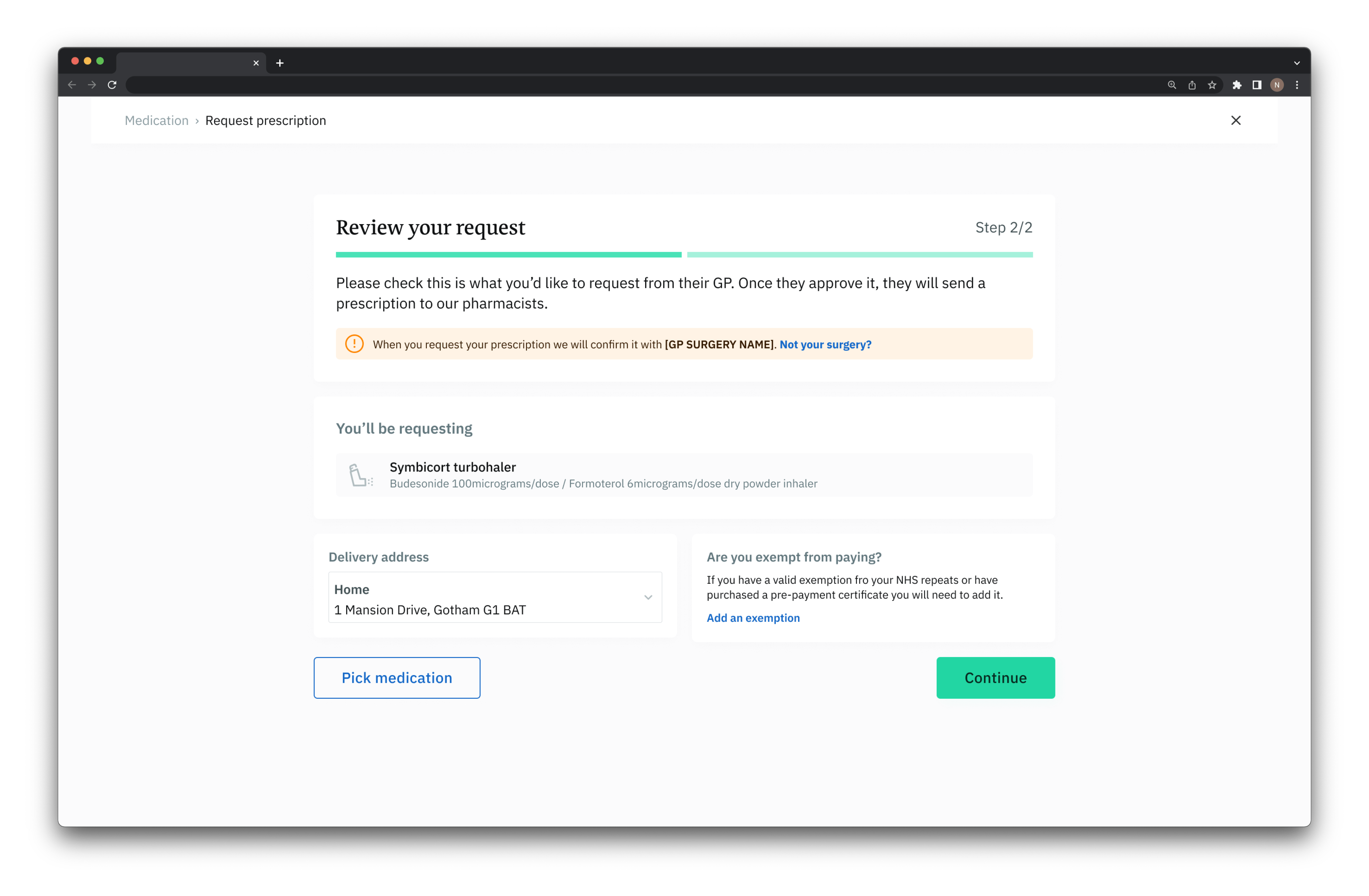 Final desktop design - Request prescription flow step 2