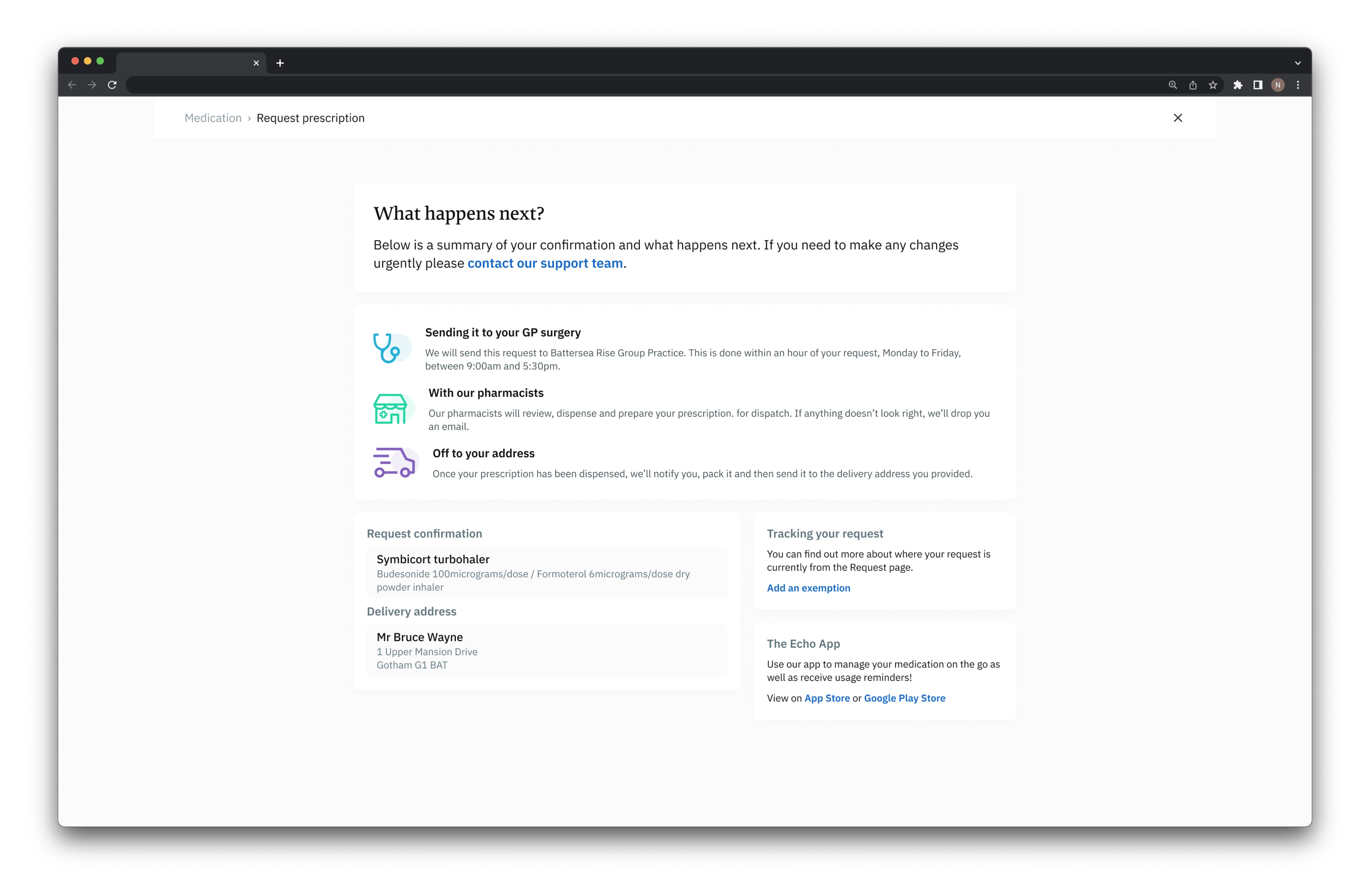 Final desktop design - Request prescription flow confirmation