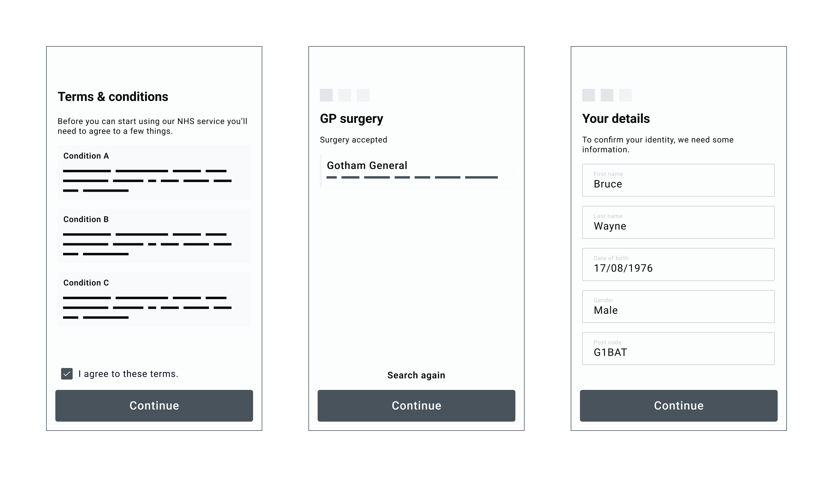 Block wireframes of the app