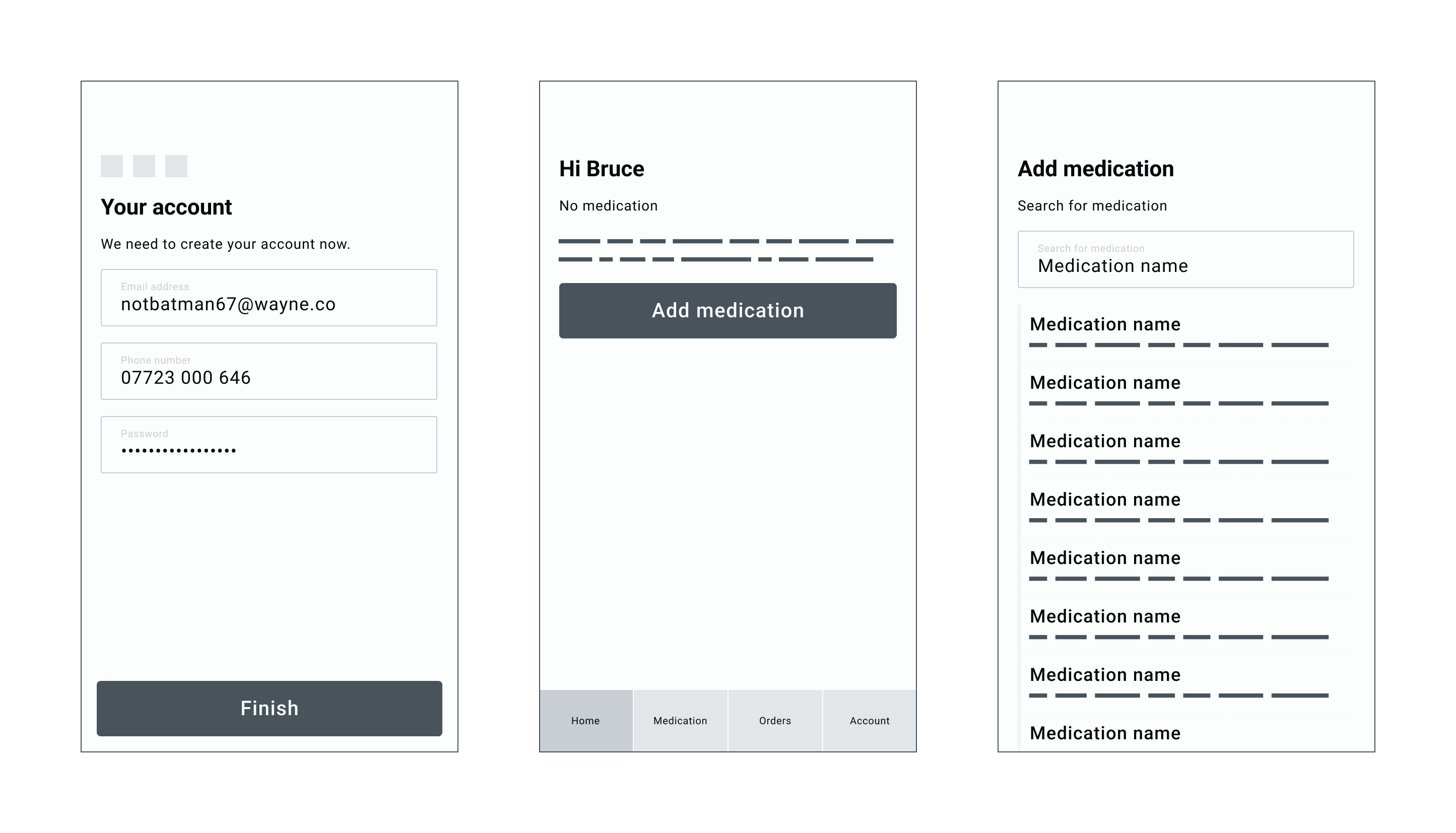 Block wireframes of the app