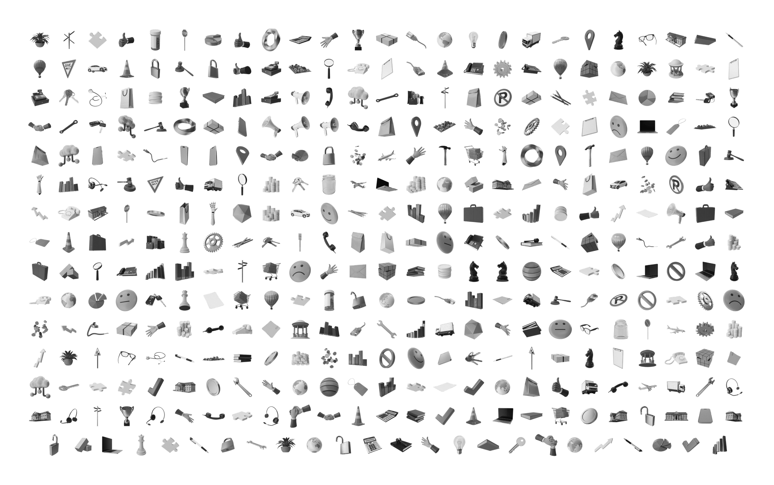The majority of the 3D objects shown in a grid